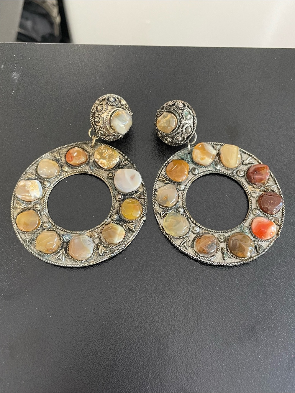 Boho Agate Hoop Drop Clip On Earrings - Multicolor Stones